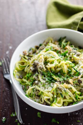 Spiralized Zucchini Noodles (Zoodles) with Lemon Caper Butter