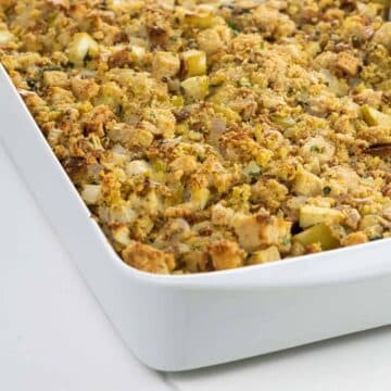 vegetarian cornbread stuffing (adapted from the silver palate) in a baking dish