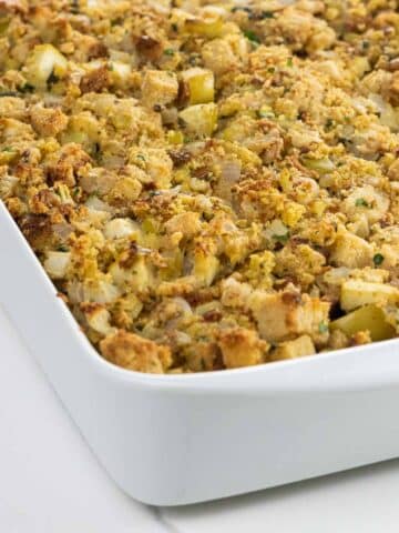 vegetarian cornbread stuffing (adapted from the silver palate) in a baking dish