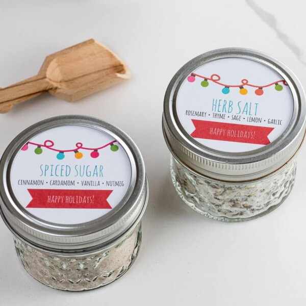 last minute DIY gifts of herb salt and spiced sugar in decorative jars with printable labels