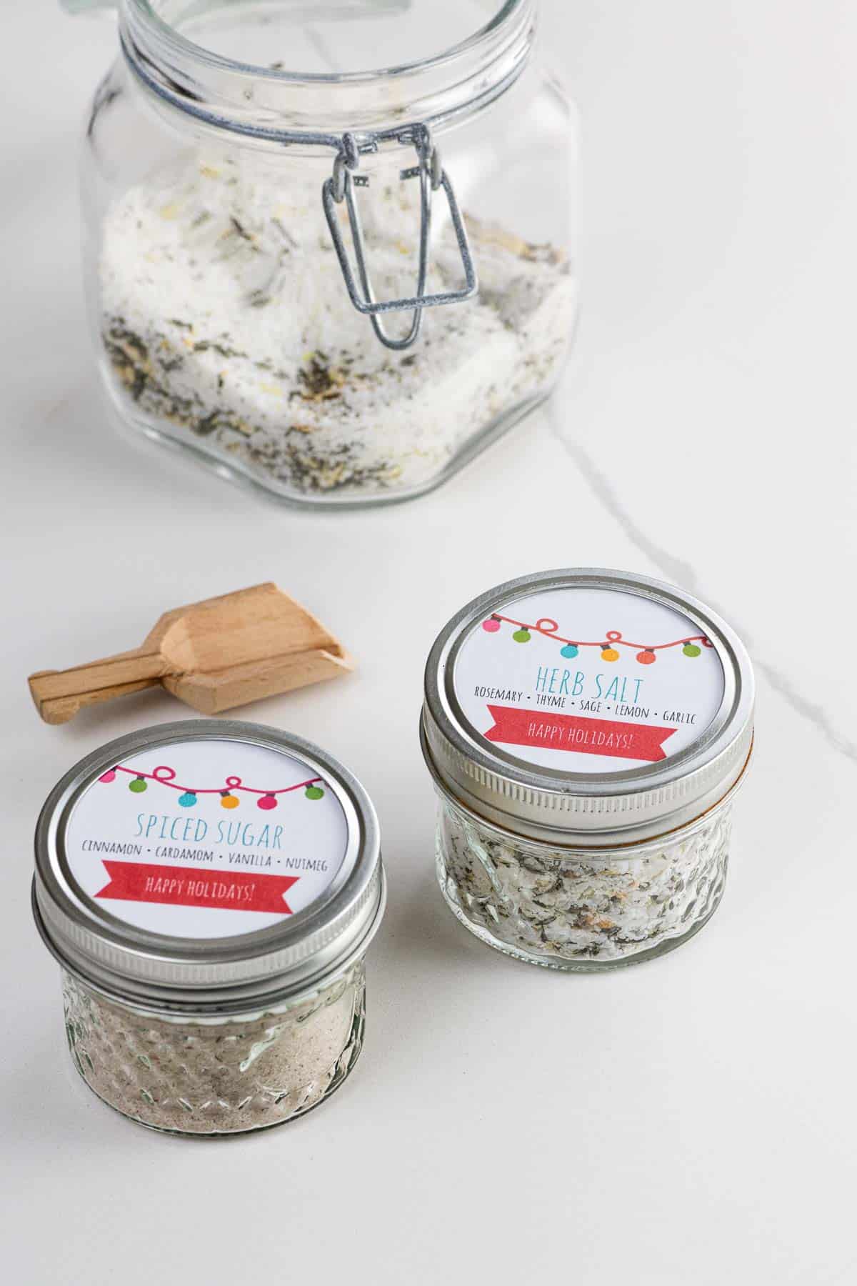 last minute DIY gifts of herb salt and spiced sugar in decorative jars with printable labels