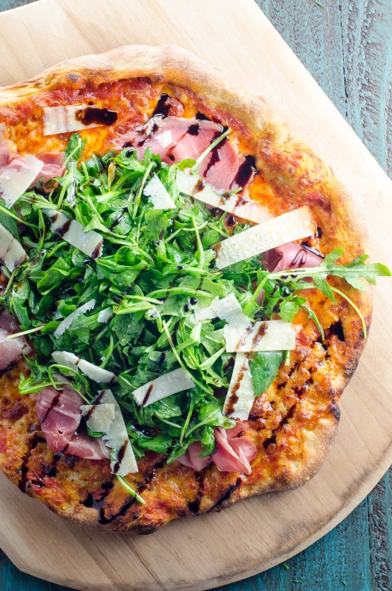 Prosciutto Arugula Pizza with Balsamic Drizzle Umami Girl
