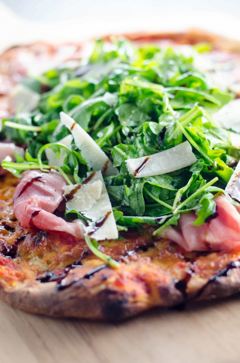 Prosciutto Arugula Pizza with Balsamic Drizzle Umami Girl