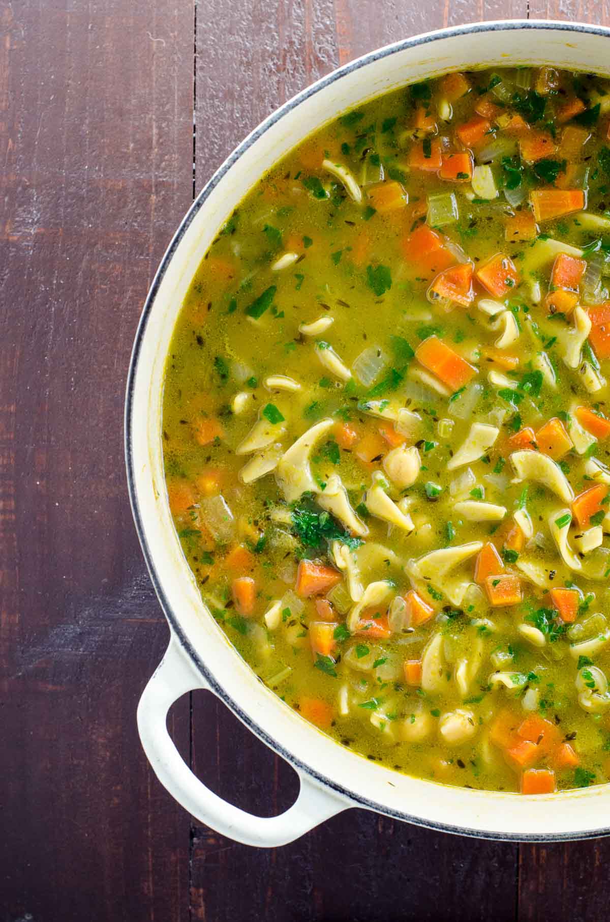 chickpea noodle soup in a pot