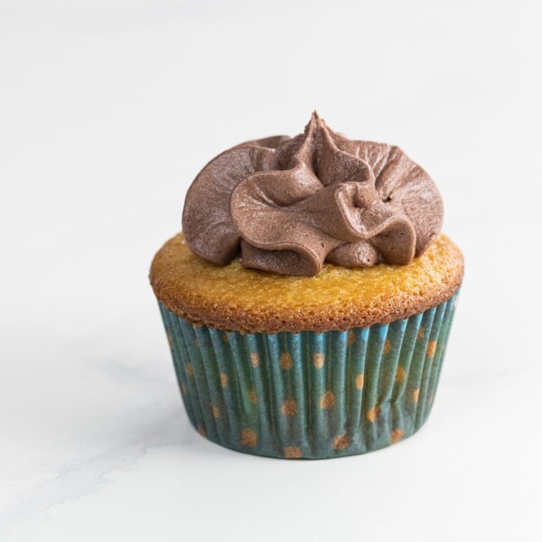 an ultimate vanilla cupcake with whipped chocolate frosting