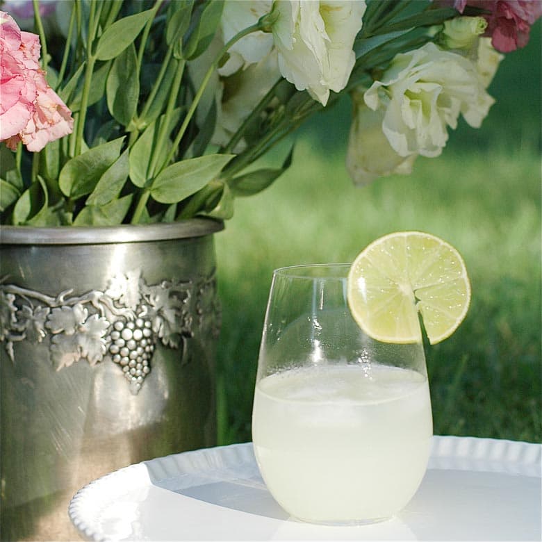 a classic daiquiri in a stemless glass with a vase of pink and white flowers and a field in the background