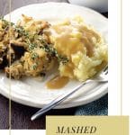 mashed potatoes and stuffing with vegetarian gravy
