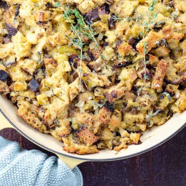 vegetarian stuffing in a baking dish