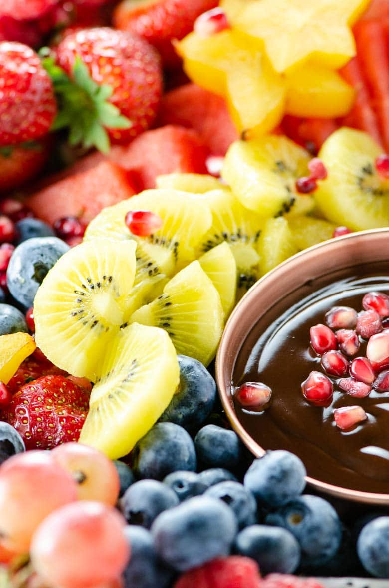 Fruit platter with dark chocolate dip