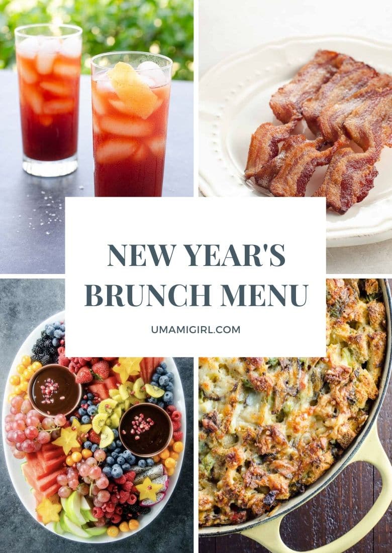 New Year's Day Brunch Menu items including a cocktail, bacon, a fruit platter, and a make-ahead vegetarian breakfast casserole