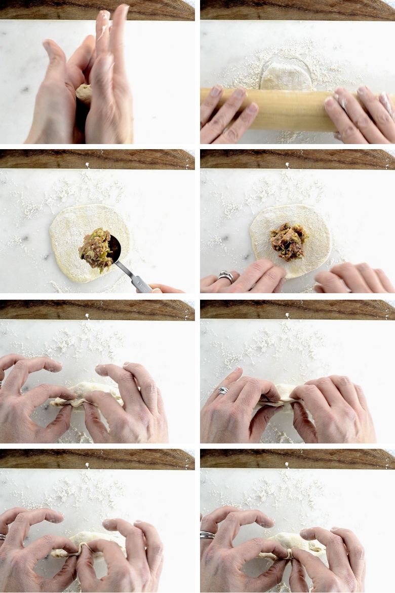 collage showing how to form each dumpling by hand, roll it out with a rolling pin, fill it with savory pork filling, and crimp it into a dumpling shape