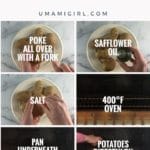 collage of how to get a potato ready for the oven, and what it looks like when ready
