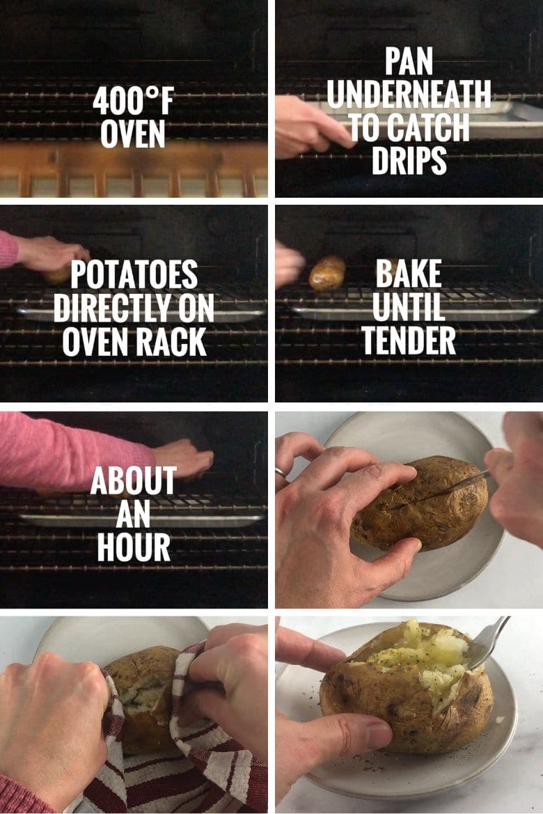 collage of baked potatoes in an oven and then prepping a baked potato for eating