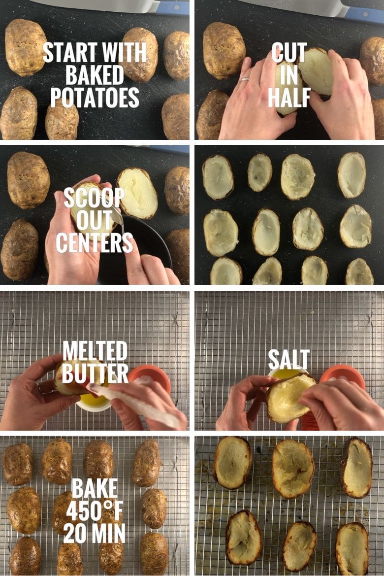 collage showing cutting baked potatoes in half, brushing with melted butter, sprinkling with salt, baking