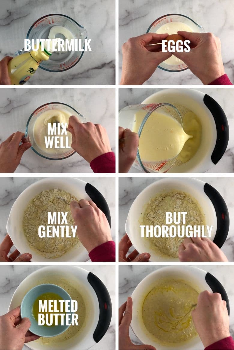 collage of buttermilk and eggs going into a pyrex measuring cup, being mixed and then poured into the white mixing bowl with the dry ingredients and mixed gently but thoroughly. Then cheddar and chives are added.