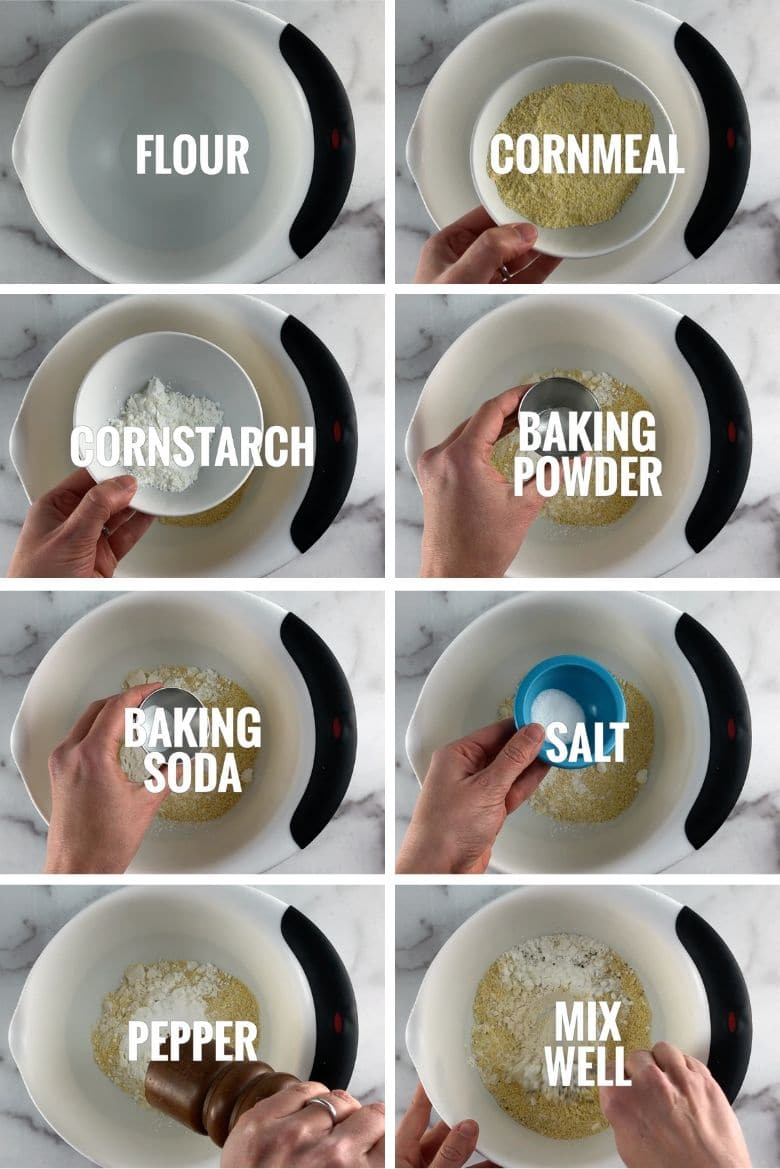 collage of ingredients going into a white mixing bowl including flour, cornmeal, cornstarch, baking powder, baking soda, salt, and pepper, and mixing the dry ingredients together