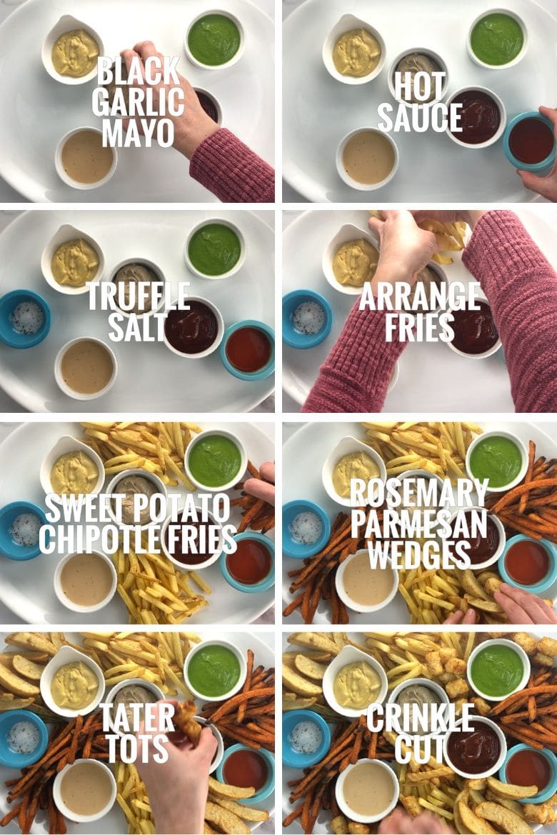Step by step collage of how to build a platter with baked french fries and sauces