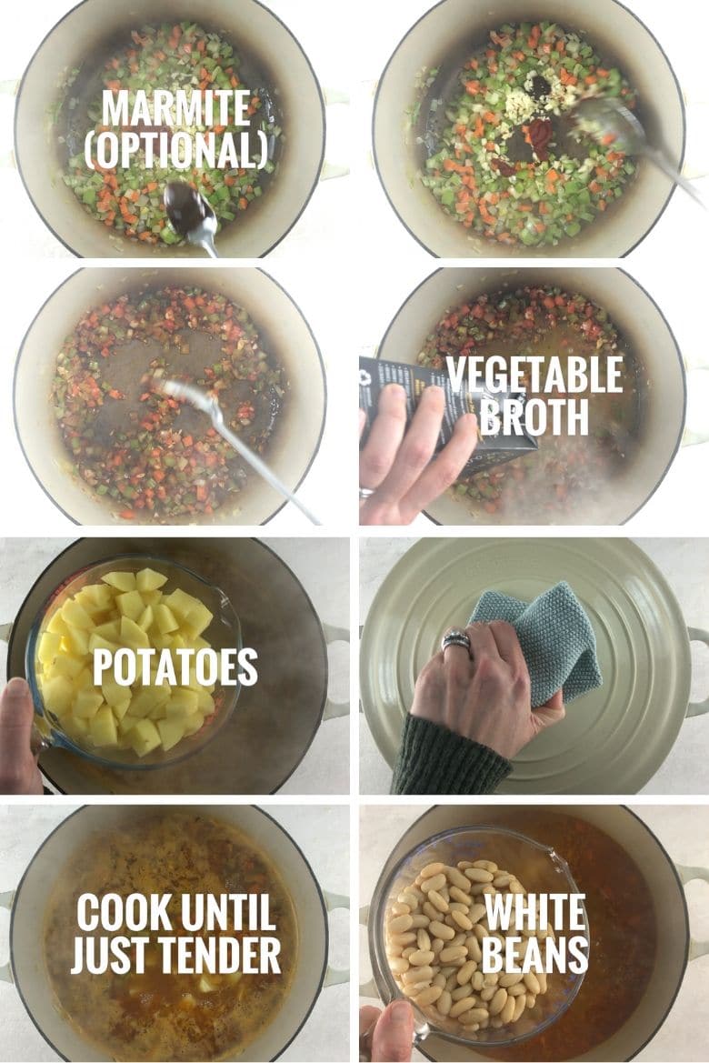 collage of second group of 8 steps to making kale soup: adding optional marmite, cooking the vegetables down, adding vegetable broth, potatoes, and white beans and cooking until potatoes are tender
