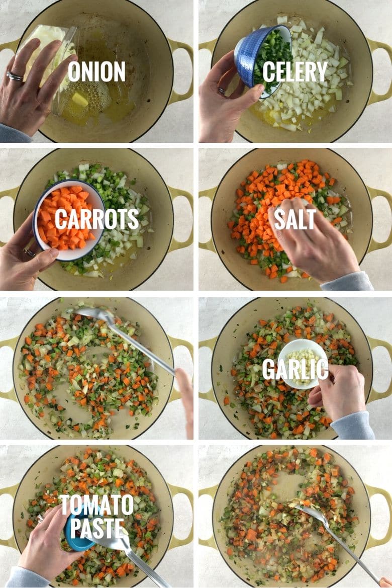Collage of steps to make lentil stew, part 2
