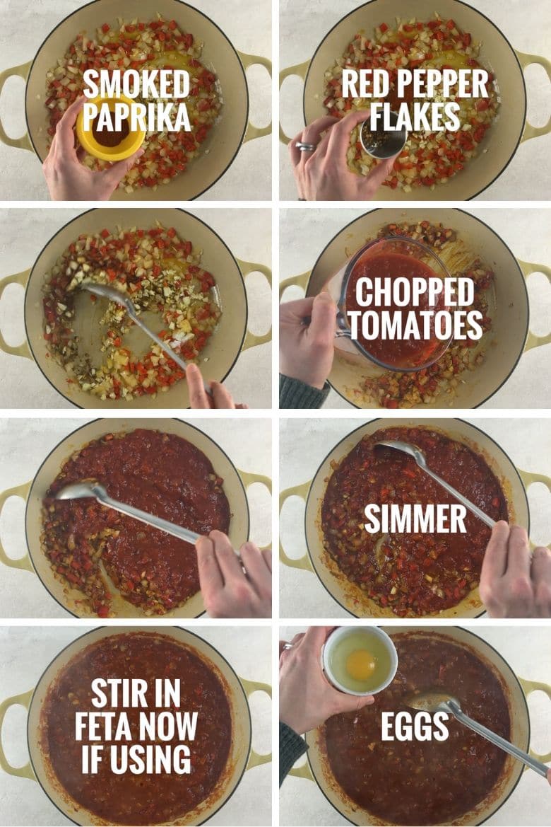 collage of steps to make shakshuka with feta