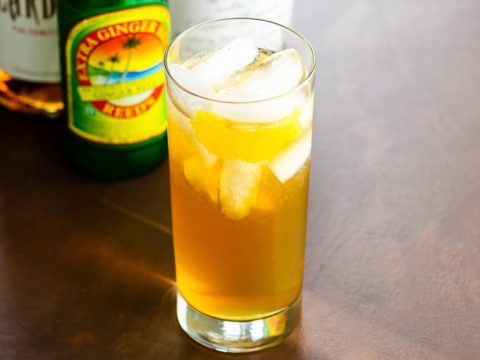 an amber-colored cocktail in a highball glass with bottles of ginger beer, apple brandy, and cardamaro blurred behind, on a brown background