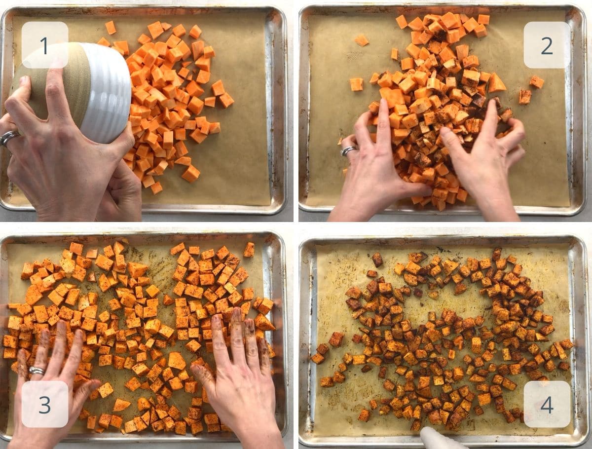 adding diced sweet potatoes to a sheet pan, tossing, and roasting