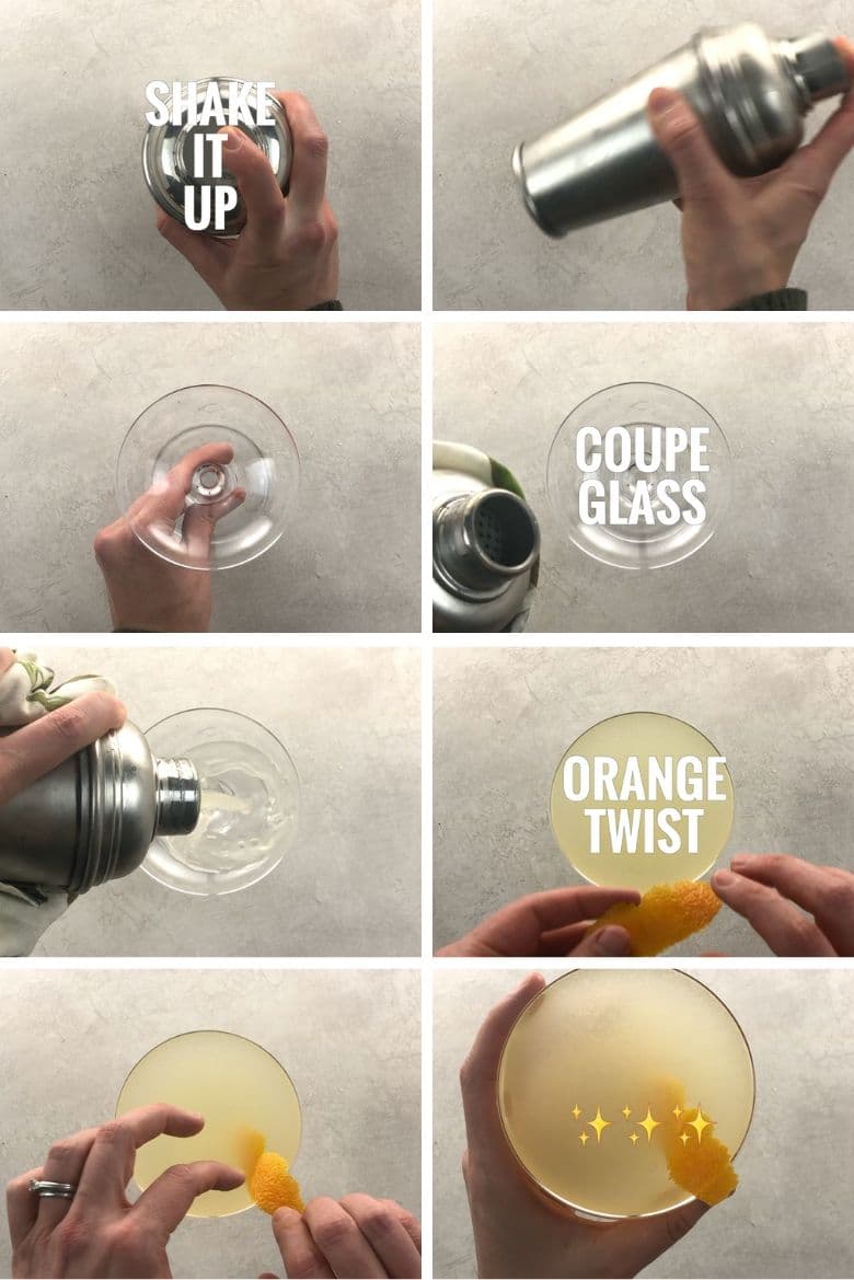 shaking a light orange cocktail, pouring it into a coupe glass, and garnishing with an orange twist