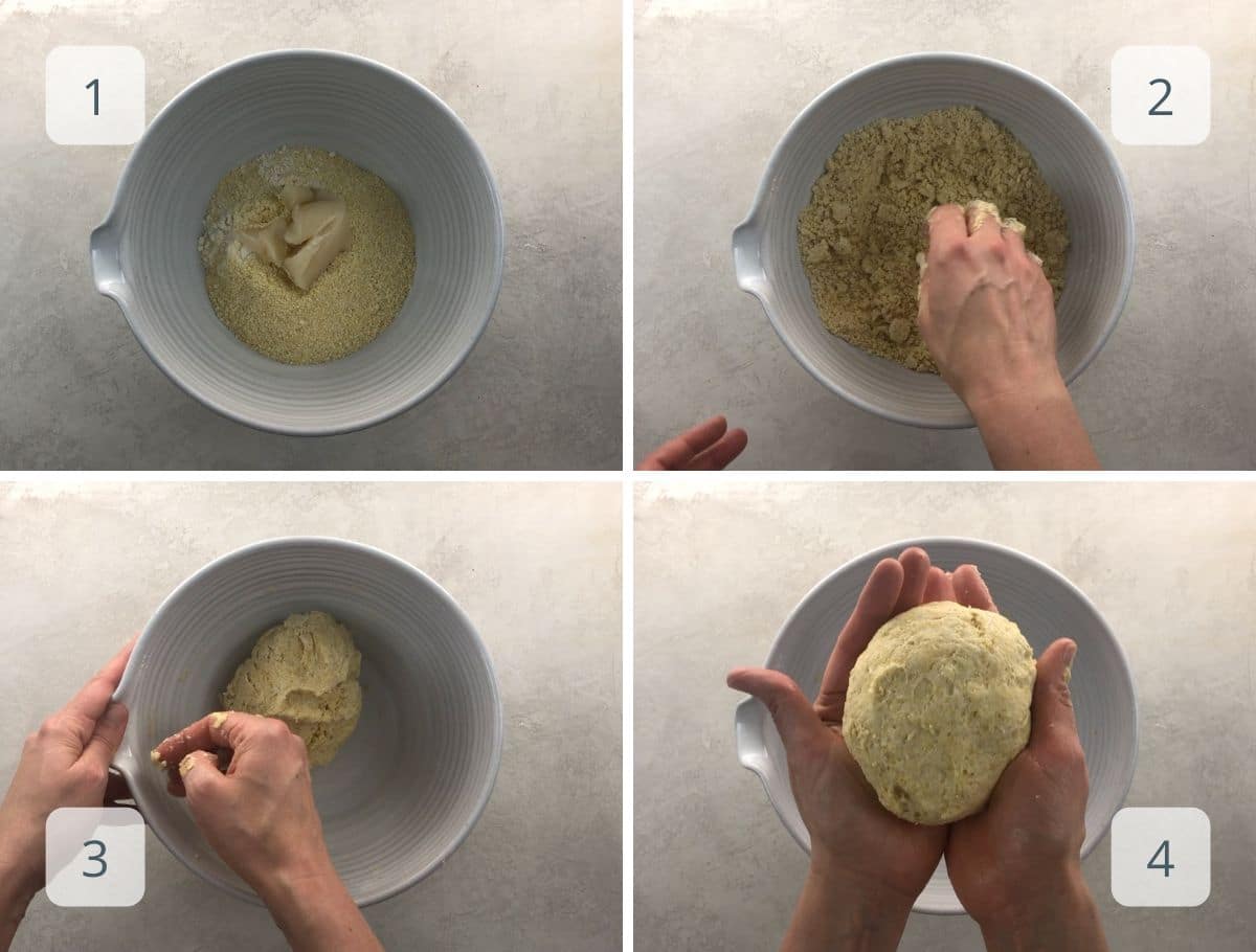 mixing ingredients for tortillas in a white bowl and kneading the dough