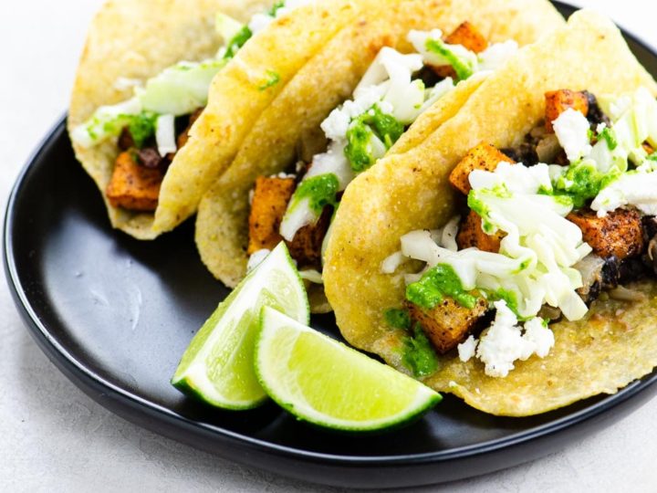 Sweet Potato and Black Bean Tacos with Cilantro Sauce and Cabbage Slaw