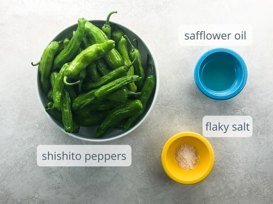 shishito peppers, safflower oil, and flaky salt in bowls