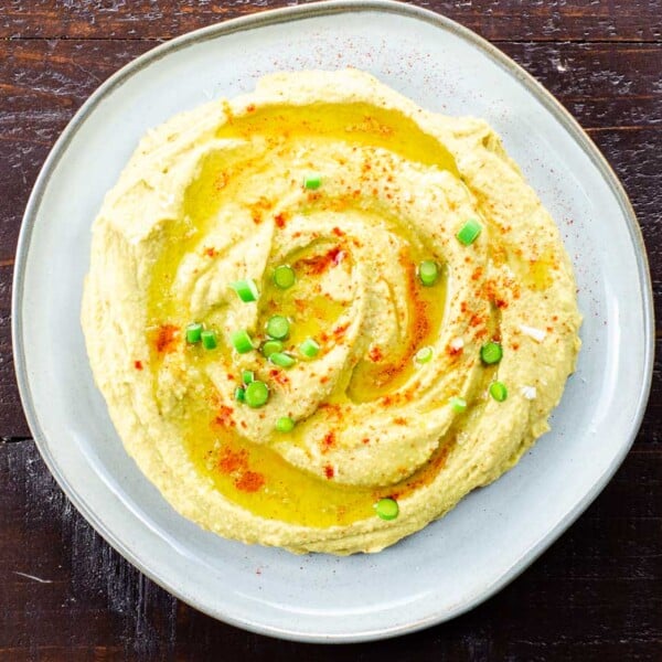 garlic scape hummus with no tahini on a plate
