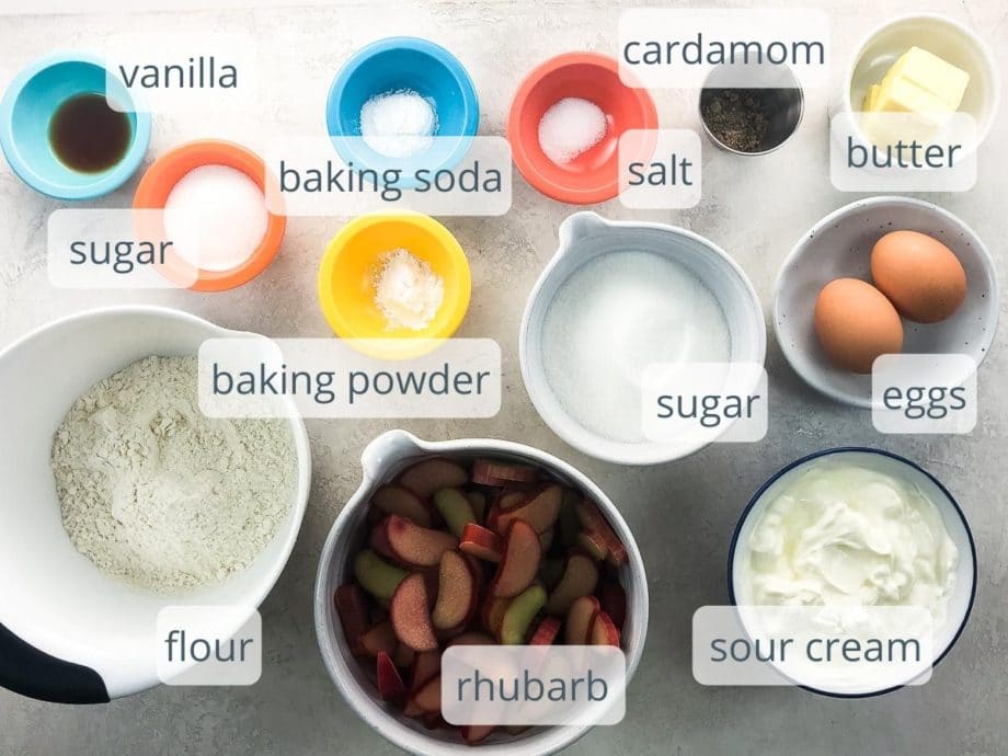 ingredients for rhubarb coffee cake in bowls