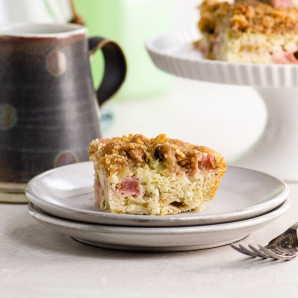 rhubarb coffee cake on a set table