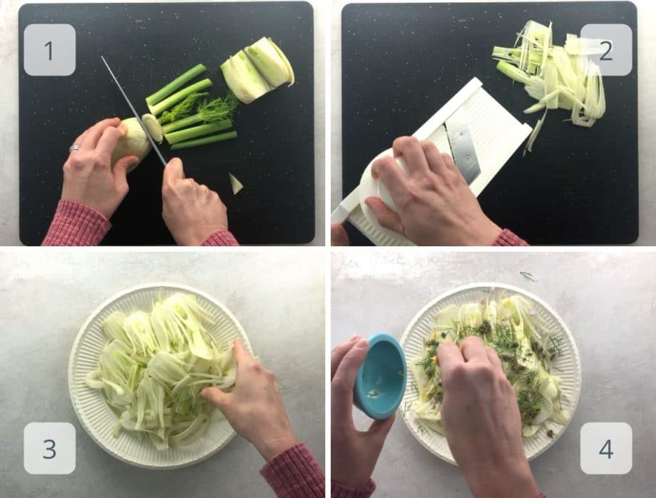 cutting, shaving with a mandoline, plating, and dressing fennel