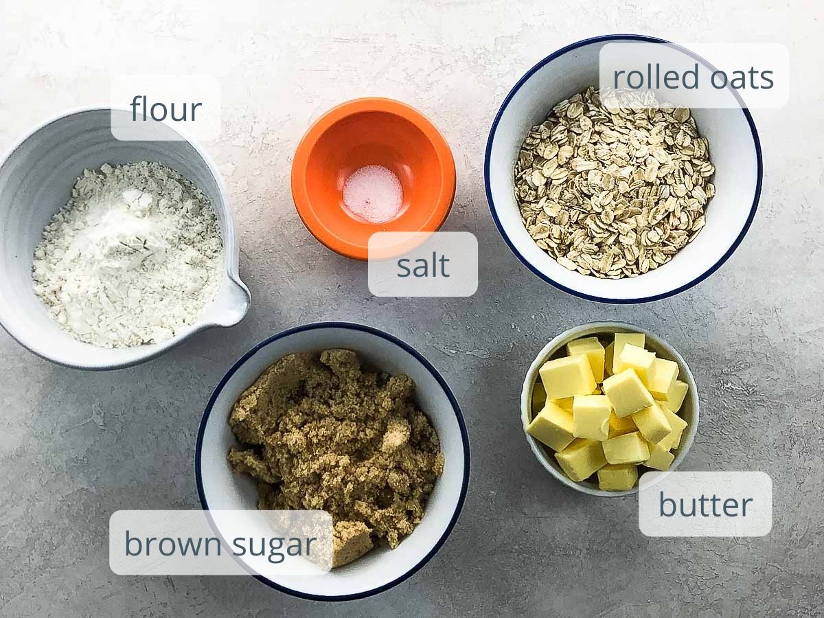 flour, salt, oats, brown sugar, and butter in bowls