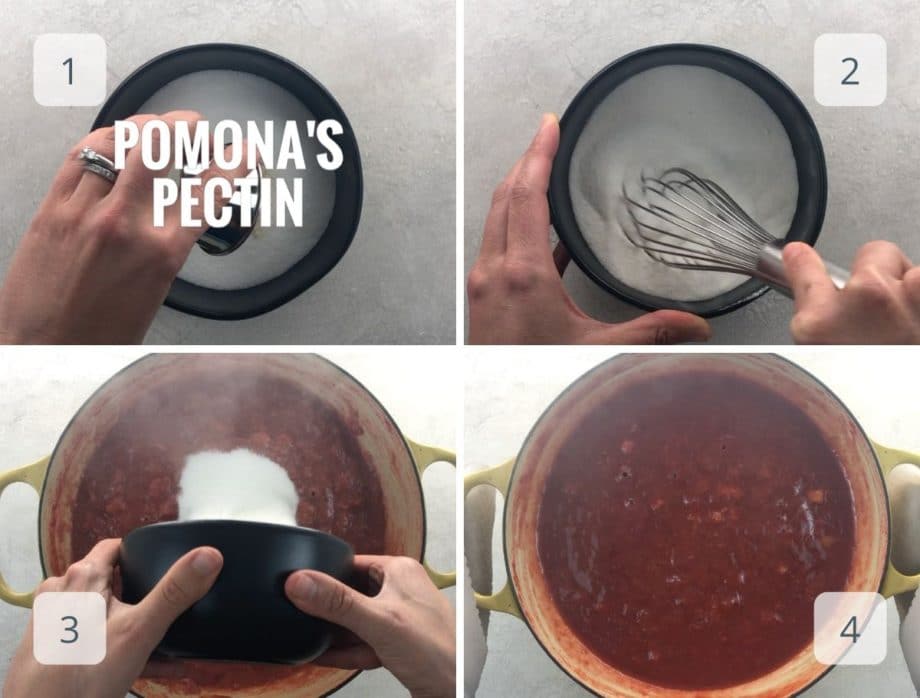 adding pomona's pectin and sugar to jam