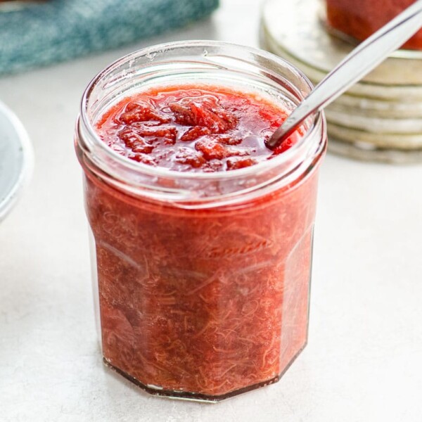 strawberry rhubarb sauce in a jam jar