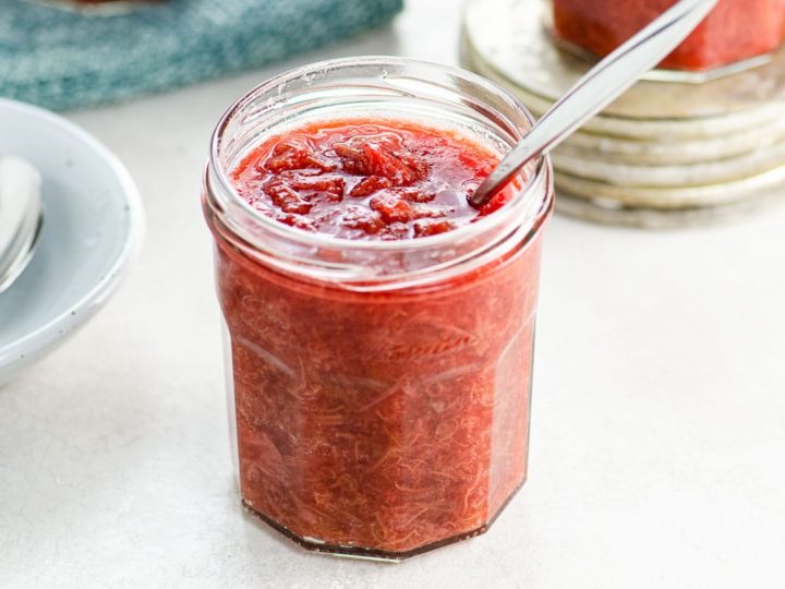strawberry rhubarb sauce in a jam jar