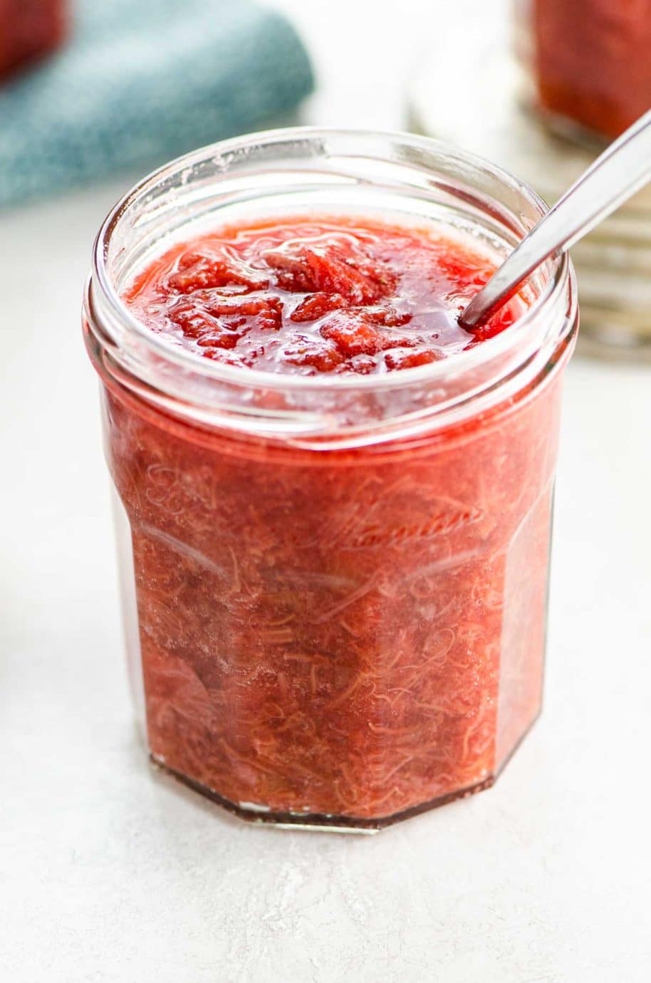 strawberry rhubarb sauce (compote) in a jam jar