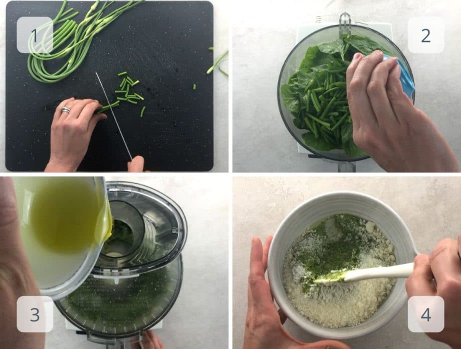 cutting garlic scapes, adding ingredients to food processor, stirring in cheese
