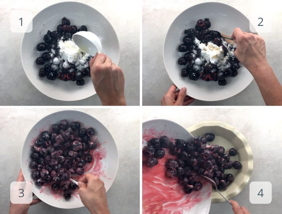 adding cherry crisp filling ingredients to a big bowl