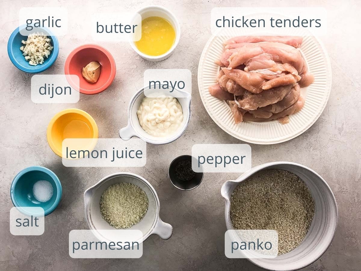 chicken tenders and other ingredients in bowls