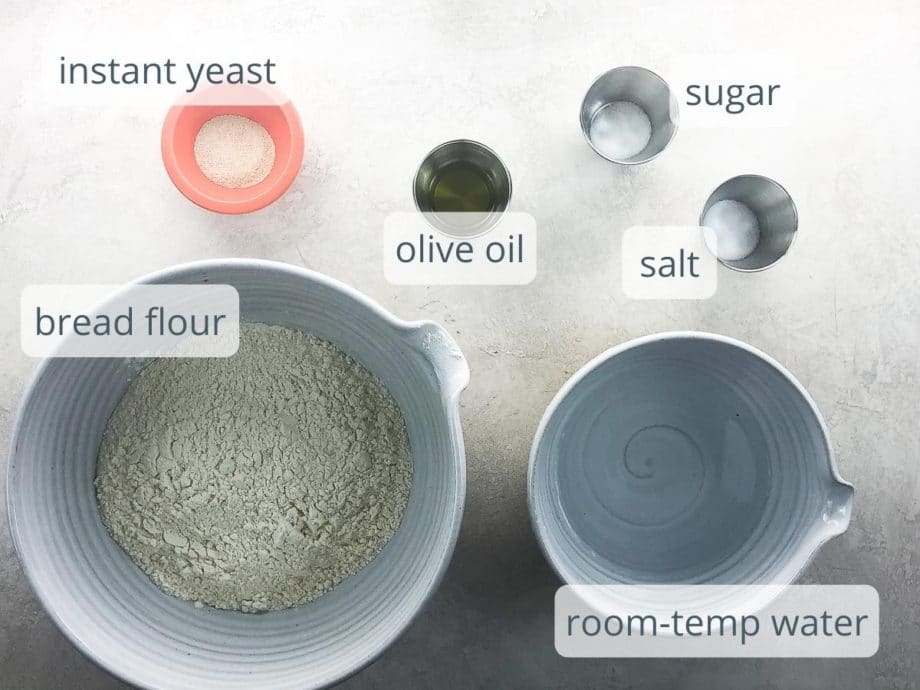 instant yeast, bread flour, olive oil, salt, sugar water