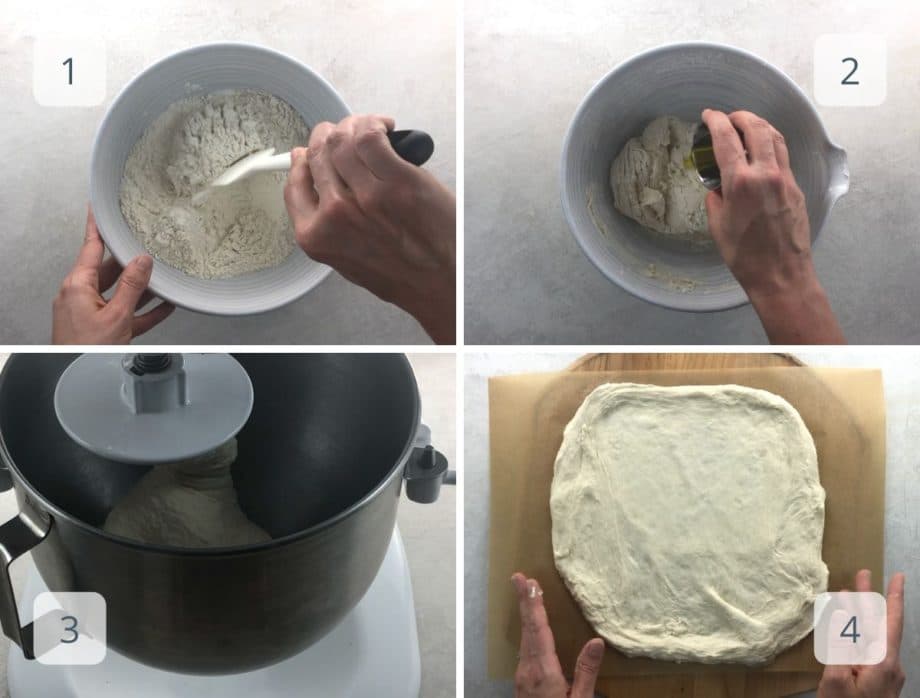 mixing, kneading, and stretching the dough