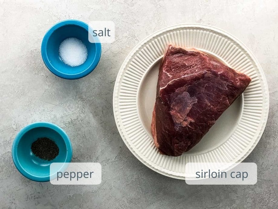 raw sirloin cap, salt, and pepper