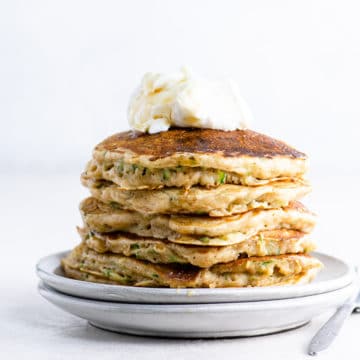 zucchini bread pancakes with yogurt and syrup