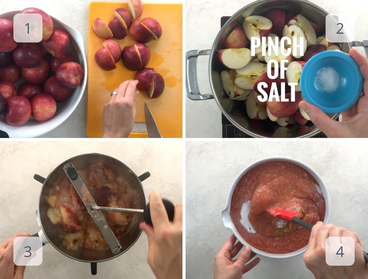 cutting apples, reducing the sauce, milling, and stirring