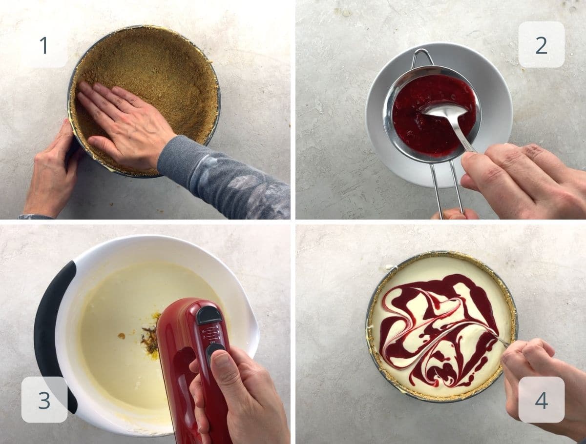 making crust, mixing batter, and swirling raspberries