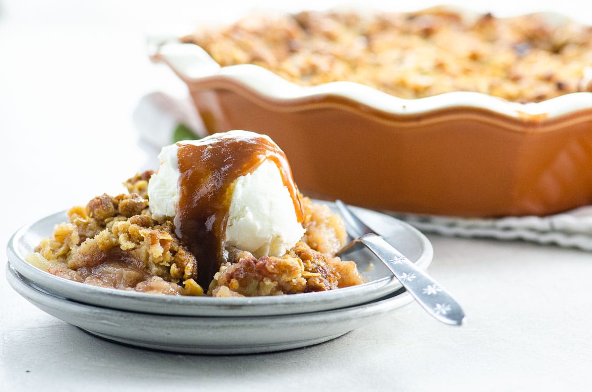 Best Old Fashioned Apple Crisp Recipe with ice cream and bourbon caramel sauce