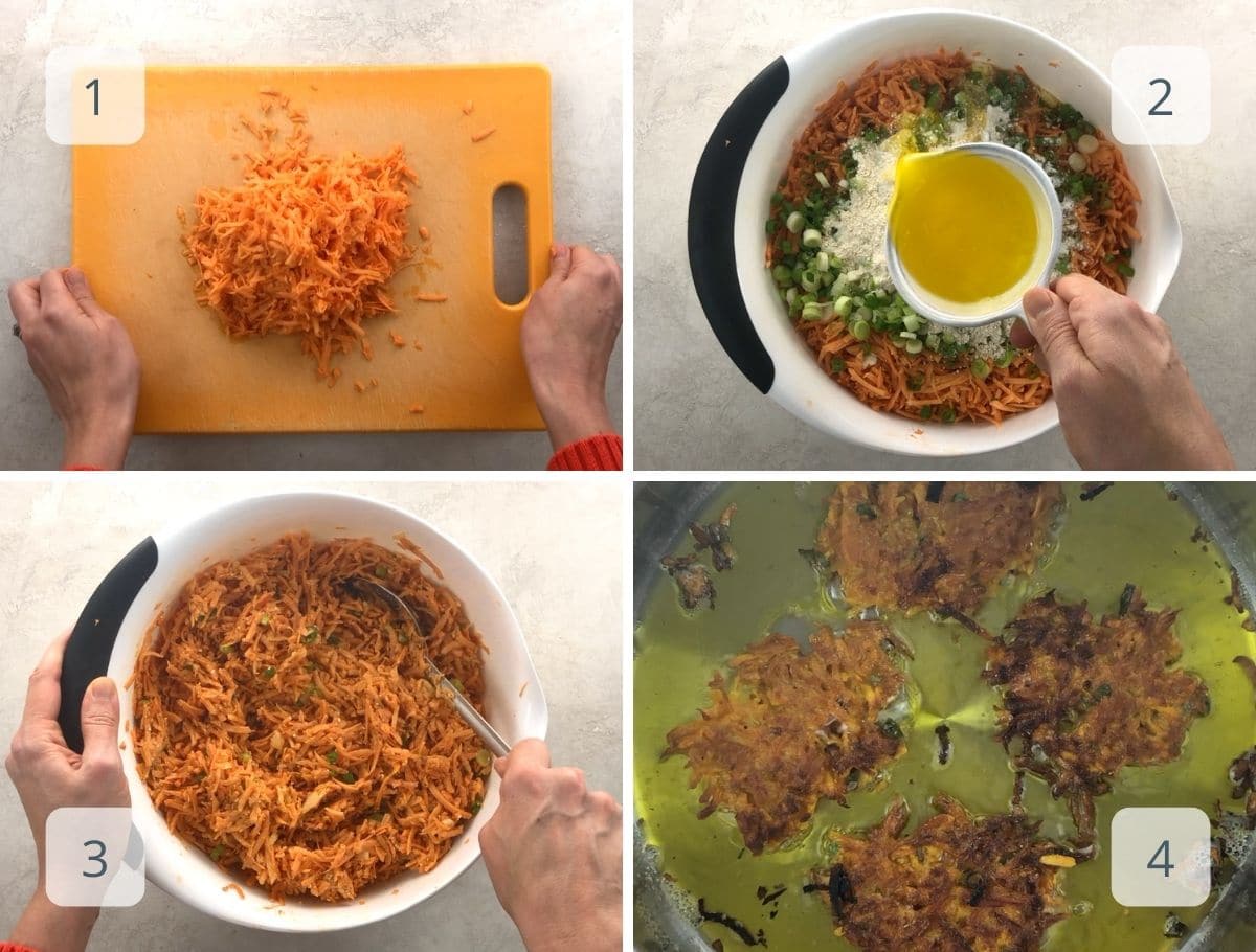 mixing and cooking shredded sweet potato pancakes